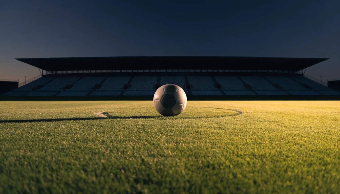 Ein Fußball liegt auf dem Anstoßpunkt eines Rasenplatzes, dahinter eine leere Tribüne im Abendlicht.