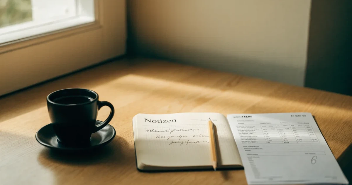 Eine Kaffeetasse, ein Notizbuch mit handschriftlichen Notizen und ein Bleistift auf einem hellen Schreibtisch am Morgen.
