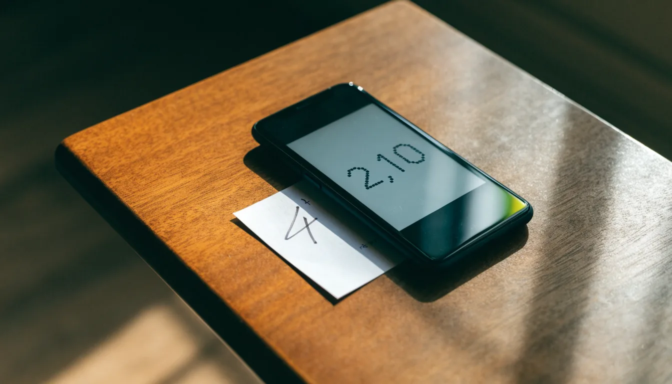 Ein Smartphone mit dunklem Display liegt neben einem leeren Papier-Wettschein auf einem Holztisch, Licht fällt von der Seite.