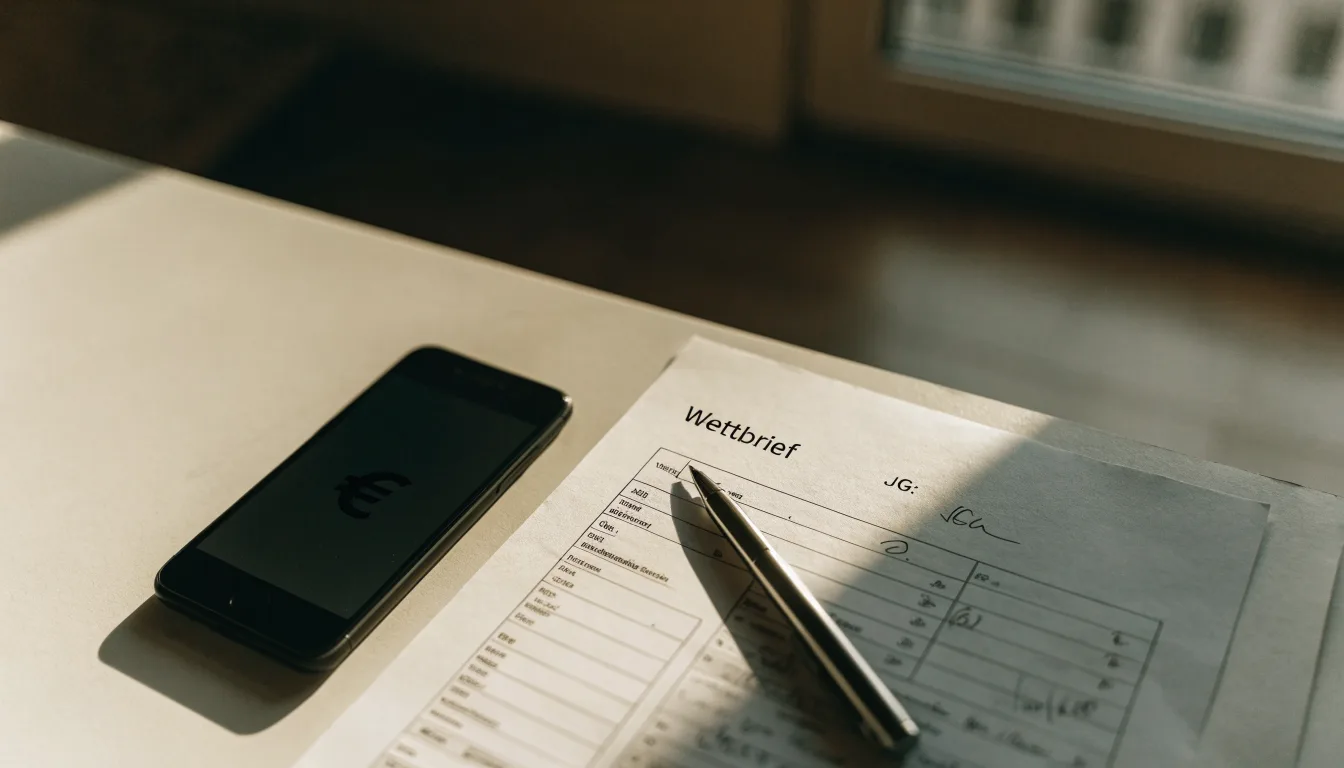 Ein leerer Papier-Wettschein und ein Kugelschreiber liegen neben einem Smartphone mit dunklem Display auf einem Schreibtisch am Fenster.