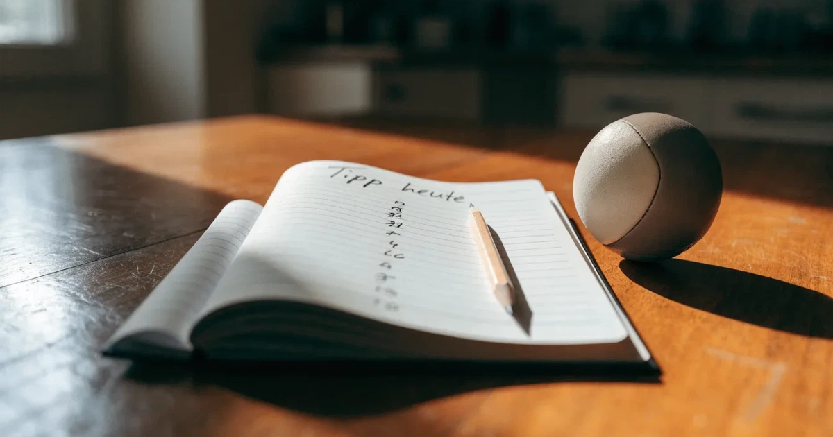 Ein Notizbuch mit handschriftlichen Notizen und einem Bleistift liegt auf einem Holztisch, daneben ein kleiner Fußball im Tageslicht.