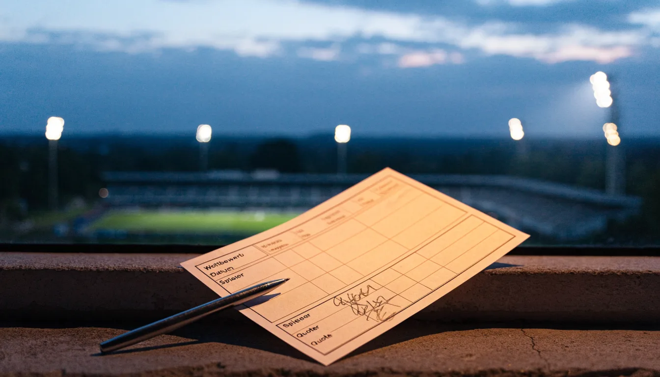 Ein Stadion unter Flutlicht aus großer Entfernung, davor eine leere Straße in der Abenddämmerung.