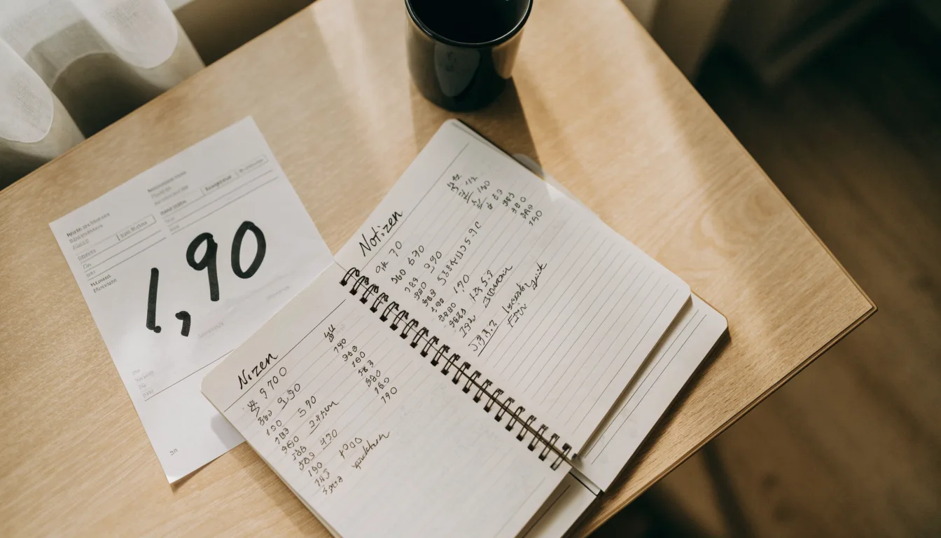 Ein Notizbuch mit handschriftlichen Notizen und ein Taschenrechner stehen auf einem Schreibtisch, daneben eine Tasse.