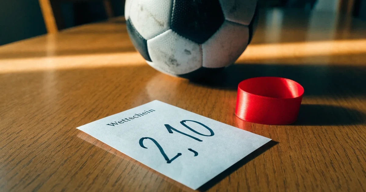 Ein kleines Geschenkband liegt neben einem Fußball und einem leeren Papier-Wettschein auf einem Holztisch im Tageslicht.