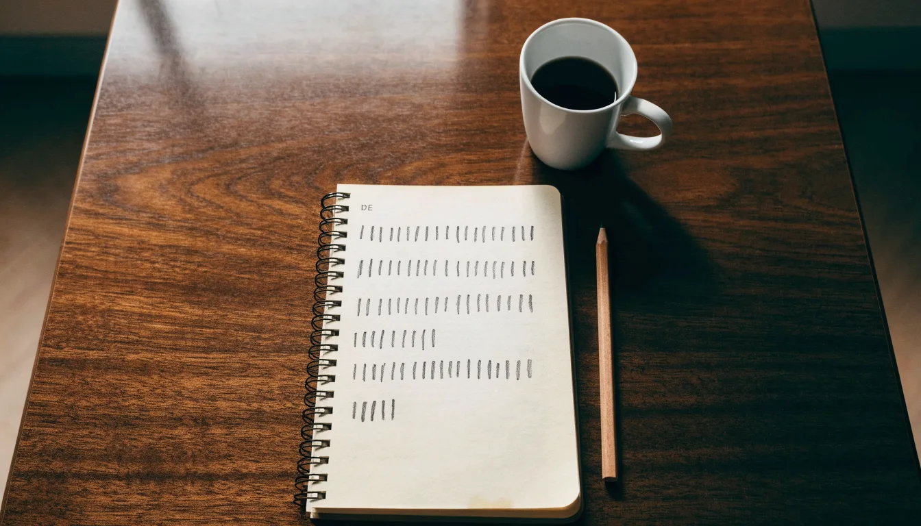 Ein Notizbuch mit handgeschriebenen Strichlisten liegt neben einem Bleistift und einer Kaffeetasse auf einem Holztisch.