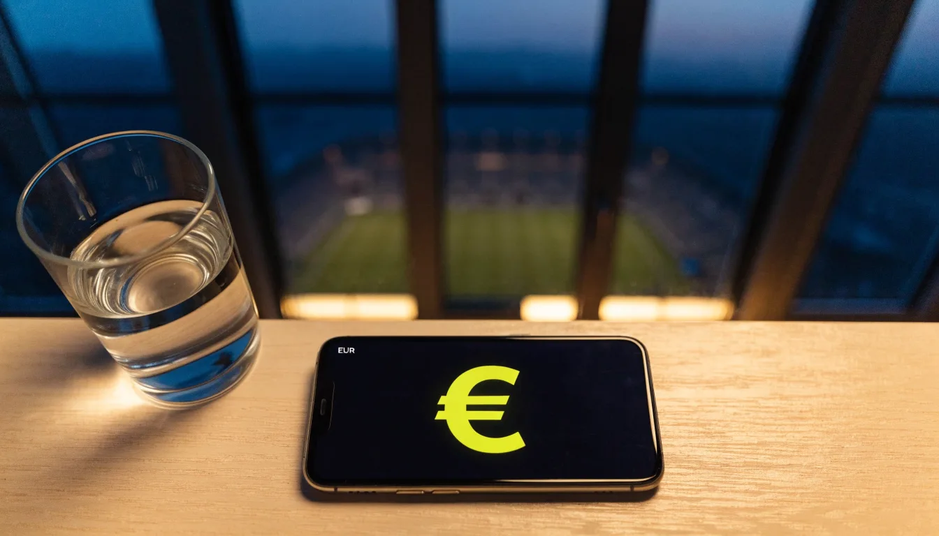 Ein Smartphone mit dunklem Display liegt auf einem Schreibtisch neben einem Glas Wasser, im Fenster dahinter ein Stadion im Dämmerlicht.