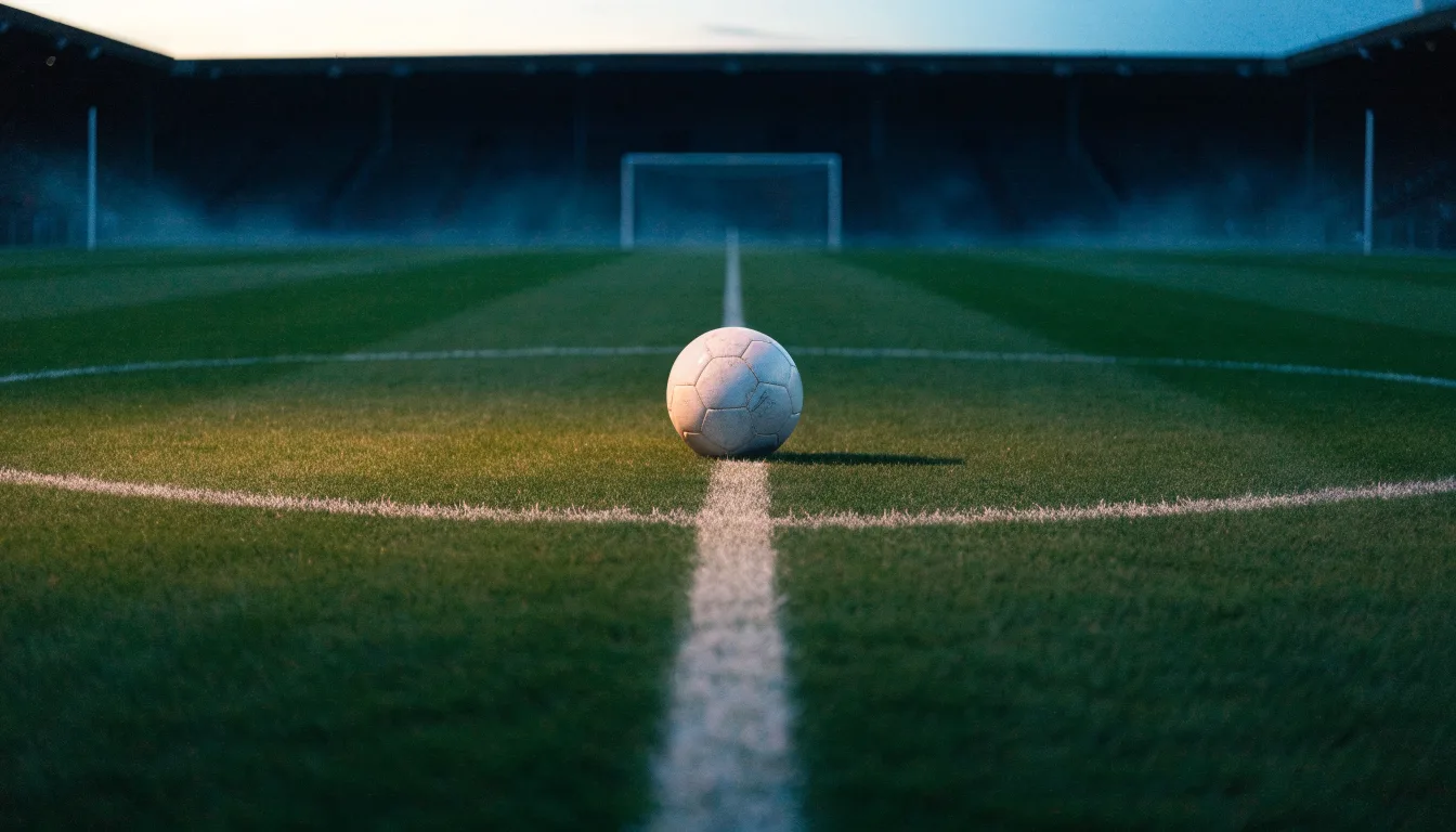 Ein Fußball liegt auf dem Mittelkreis eines leeren Rasenplatzes unter Flutlicht am frühen Abend, die Tribünen sind nur schemenhaft zu erkennen.