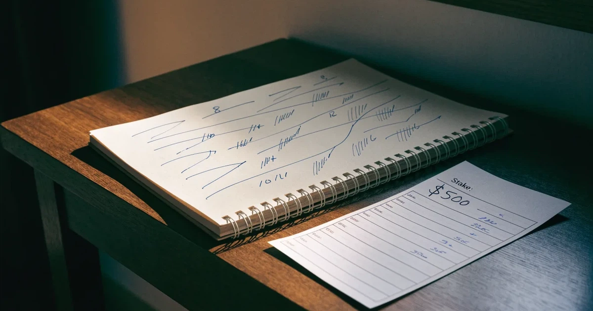 Ein aufgeschlagenes Notizbuch mit handgezeichneten Kurven und Strichen liegt neben einem Taschenrechner auf einem Schreibtisch im Morgenlicht.