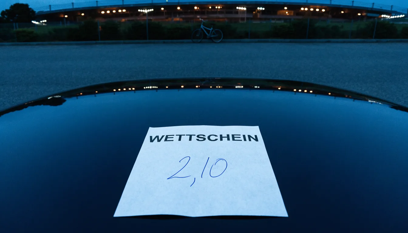 Ein Stadion unter Flutlicht aus der Ferne gesehen, davor ein dunkler Parkplatz und ein einzelnes Fahrrad an einem Zaun.