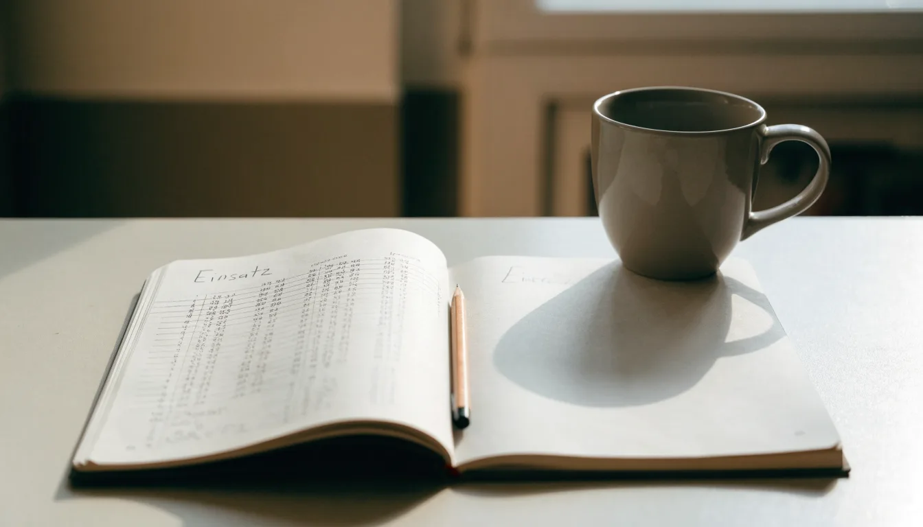 Ein Notizbuch mit handschriftlichen Zahlenreihen und ein Bleistift liegen auf einem Küchentisch neben einer Tasse.