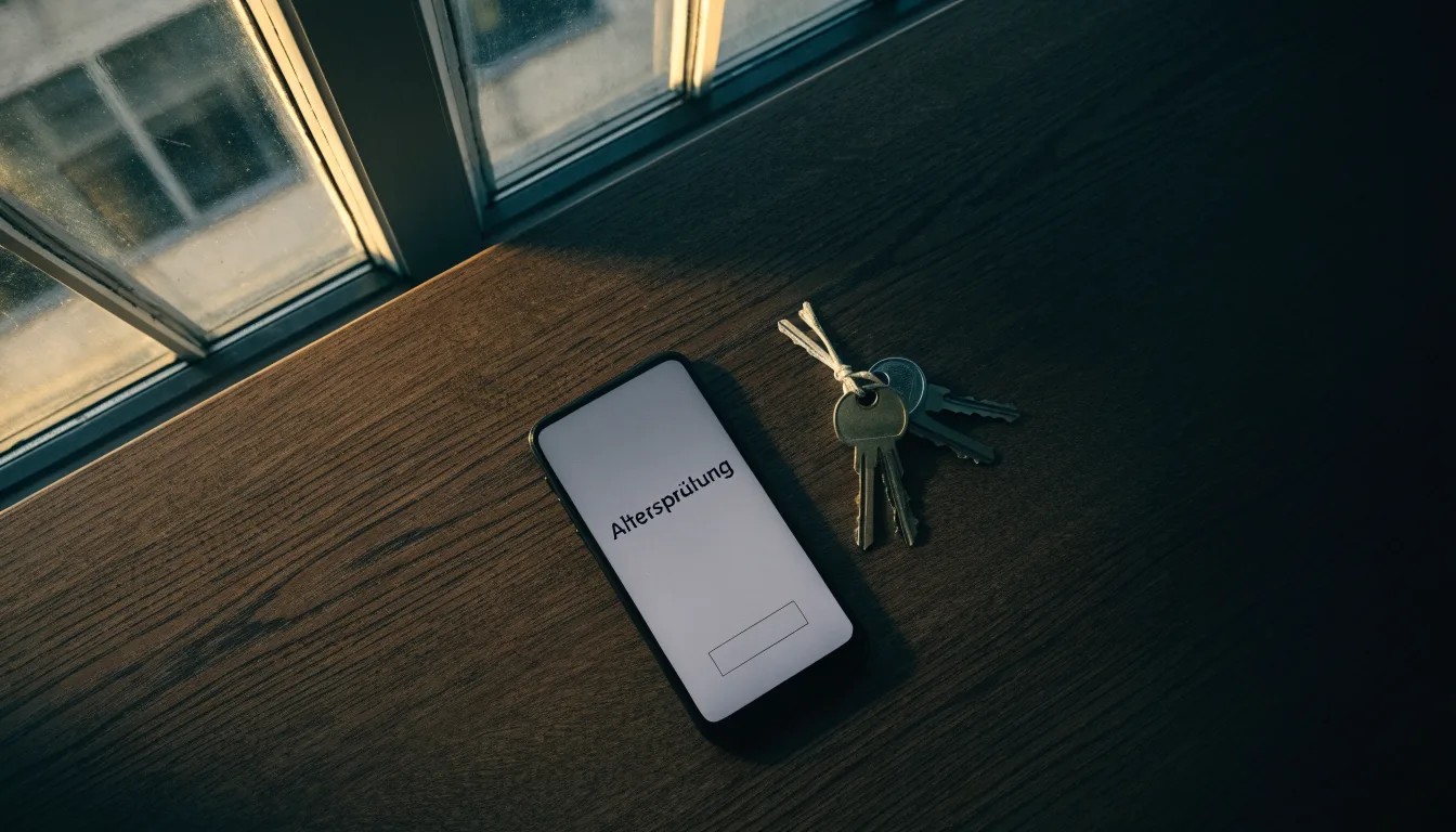 Ein Smartphone mit dunklem Display liegt auf einem Holztisch, daneben ein Schlüsselbund, im Hintergrund ein Fenster mit Abendlicht.
