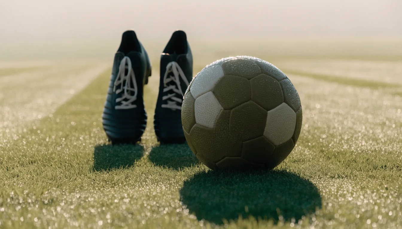 Ein Fußball auf frisch gemähtem Rasen im Morgenlicht, daneben ein Paar Fußballschuhe ohne erkennbare Marke.