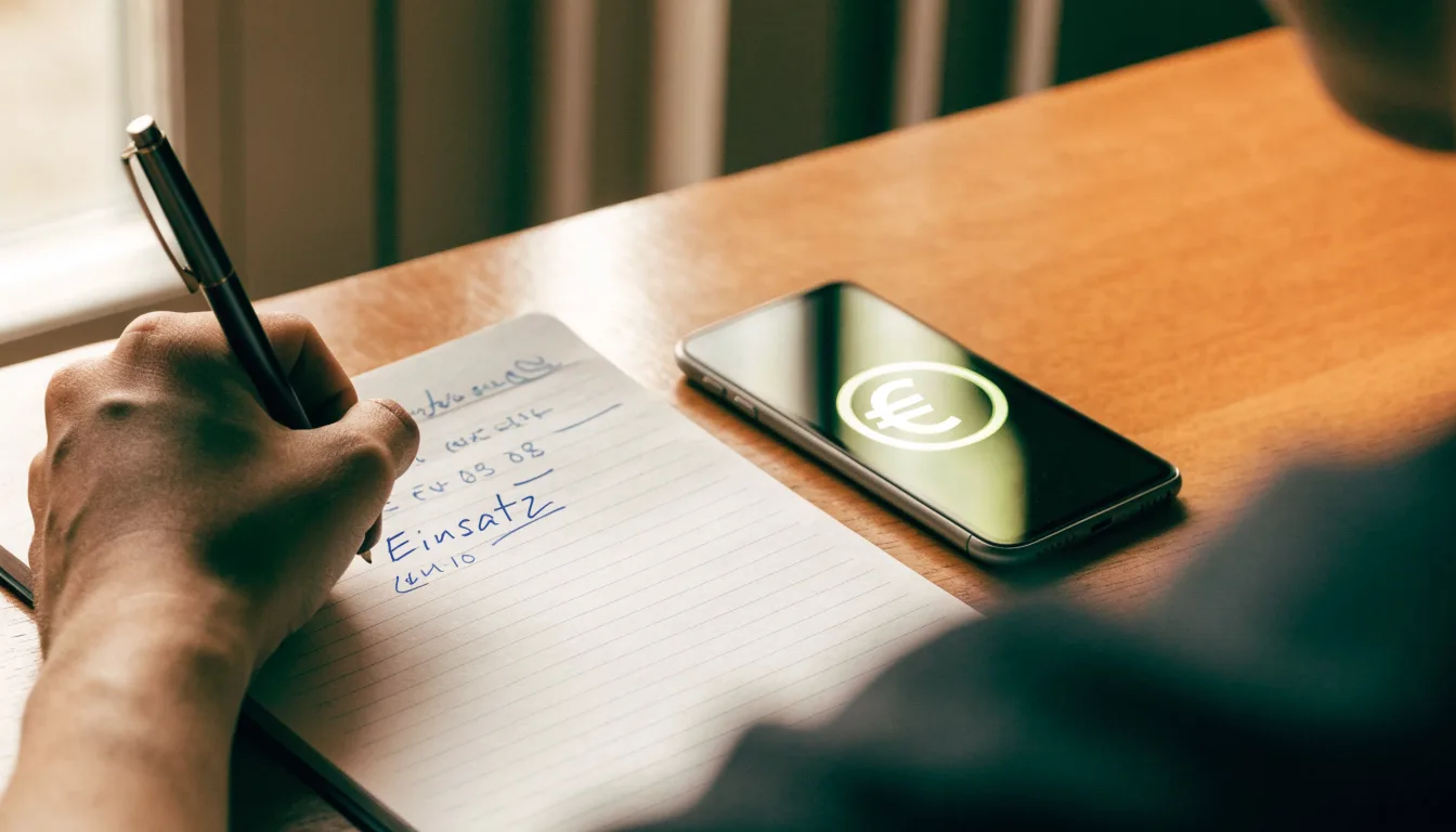 Ein Notizbuch mit handgeschriebenen Zahlen und ein Kugelschreiber liegen auf einem Tisch, daneben ein Smartphone mit schwarzem Bildschirm.