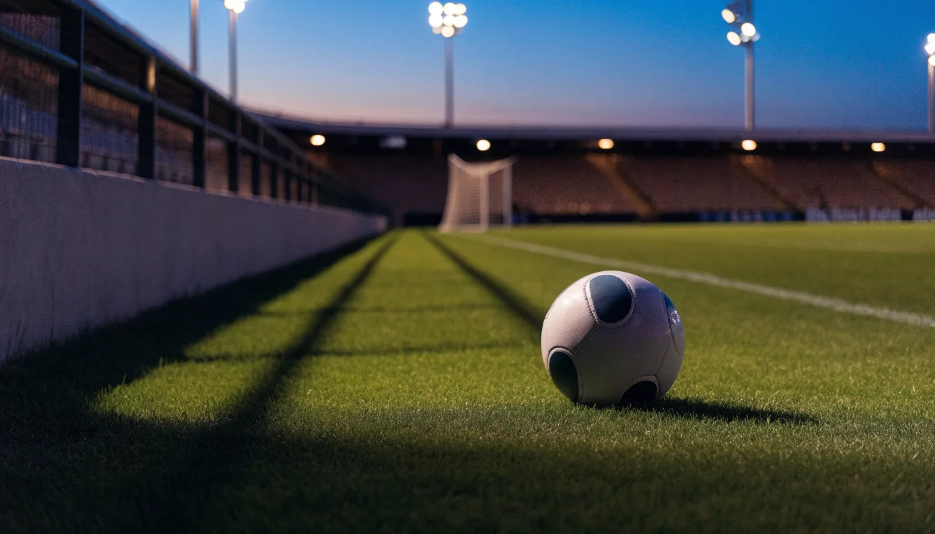 Ein Fußball liegt am Spielfeldrand neben einer leeren Ersatzbank, das Flutlicht über dem Platz leuchtet in der Dämmerung.