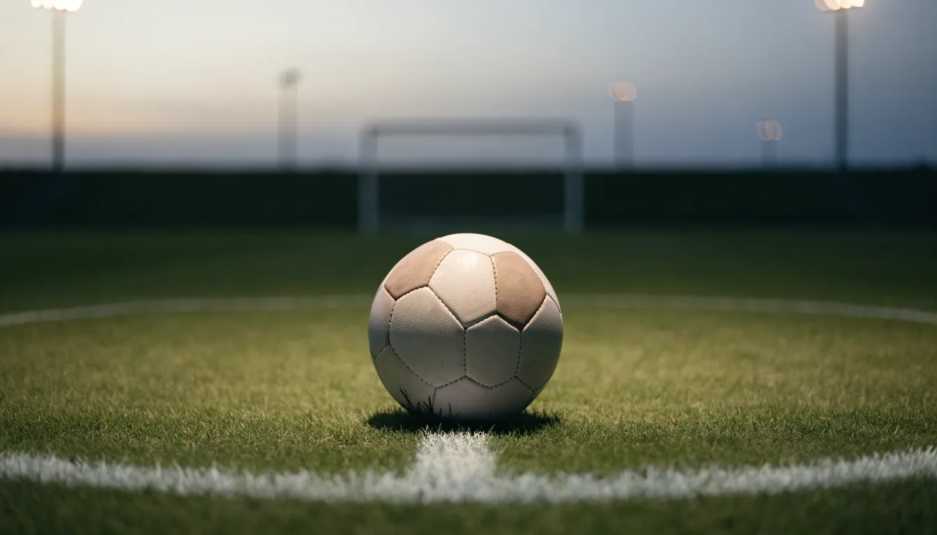Ein Fußball liegt auf dem Anstoßpunkt eines Rasenplatzes in der Abenddämmerung, Flutlichtmasten stehen unscharf im Hintergrund.