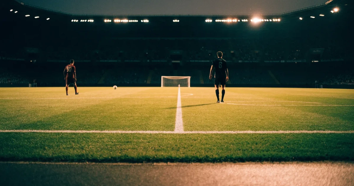 Ein hell erleuchtetes Fußballstadion bei Nacht aus der Ferne gesehen, über dem Dach ein klarer Himmel, davor eine leere Straße.