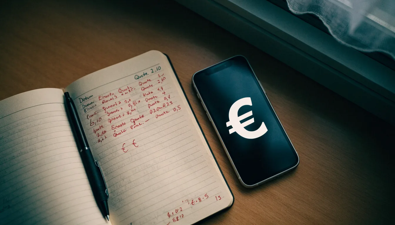 Ein Notizbuch mit handschriftlichen Zahlen liegt neben einem Smartphone mit dunklem Display auf einem Tisch, im Fenster Dämmerlicht.