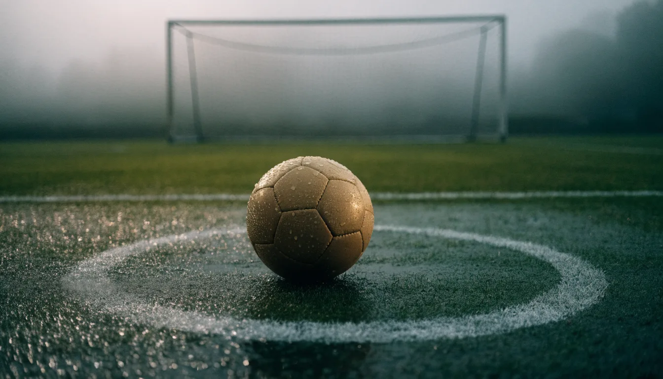 Ein Fußball liegt auf dem Elfmeterpunkt eines nassen Rasenplatzes, im Hintergrund ein leeres Tor im Nebel.