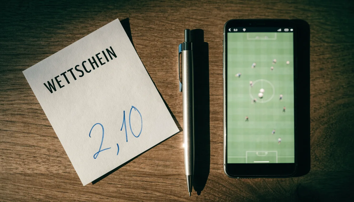 Ein leerer Papier-Wettschein und ein Kugelschreiber liegen auf einem Holztisch neben einem schwarzen Smartphone.