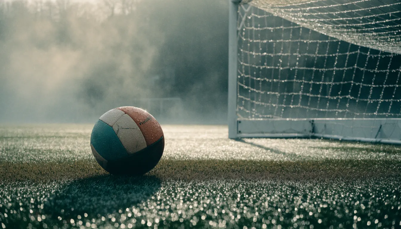 Ein Fußball liegt auf dem Rasen vor einem Tor im Morgennebel, die Netzmaschen sind taufeucht.
