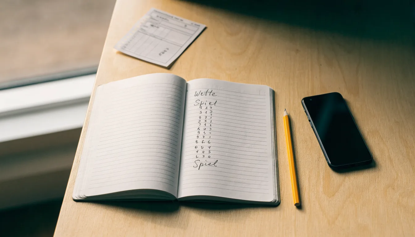 Ein Notizbuch mit handschriftlichen Zahlenreihen liegt neben einem Bleistift und einem Smartphone mit dunklem Display auf einem Tisch.