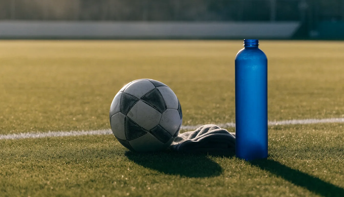 Ein Fußball auf einer Wiese neben der Seitenlinie, daneben eine Trinkflasche ohne Aufdruck und ein Handtuch.