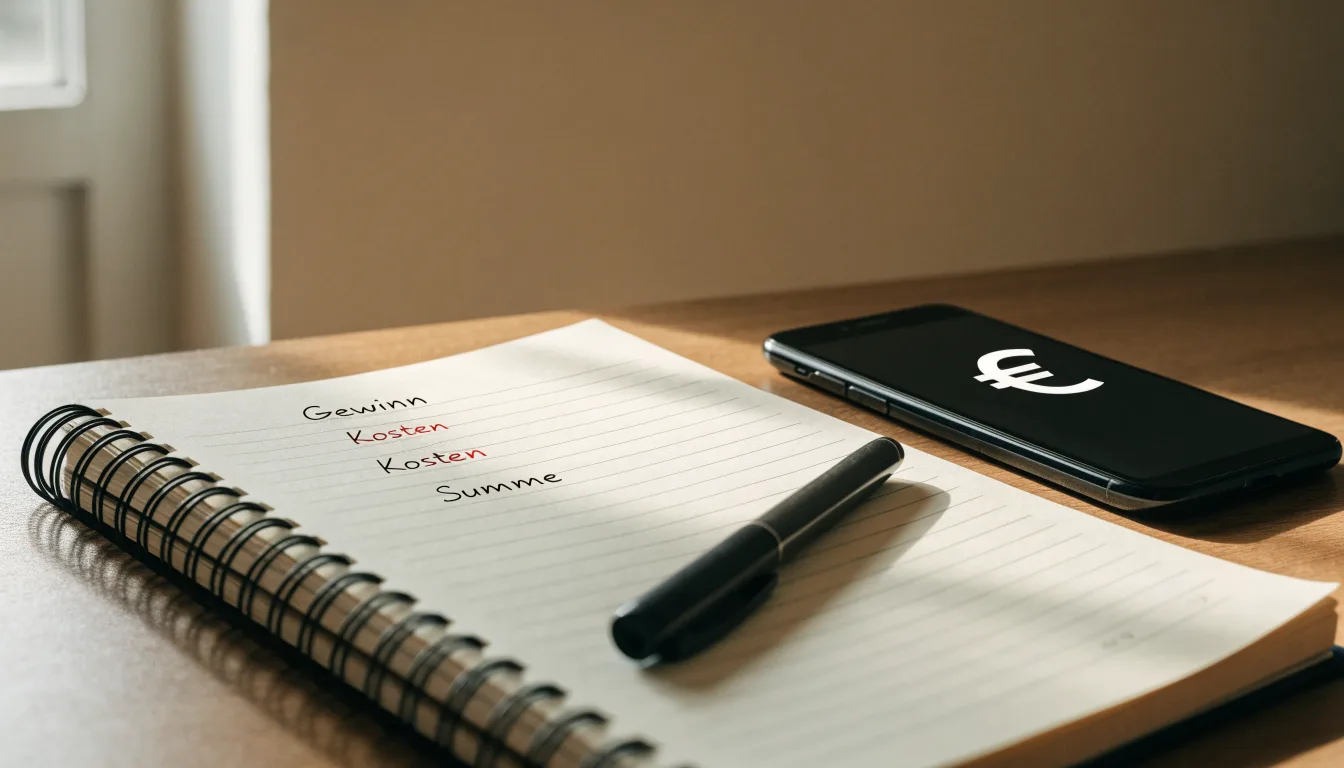 Ein Notizbuch mit handschriftlichen Notizen und ein Taschenrechner liegen auf einem Schreibtisch neben einem Smartphone mit dunklem Display.