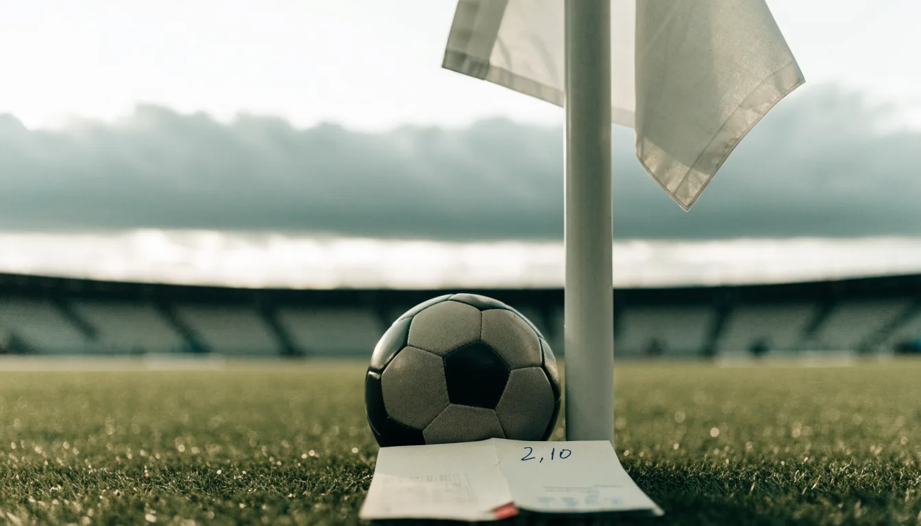 Ein Fußball liegt neben einer Eckfahne auf kurz gemähtem Rasen unter bewölktem Himmel.