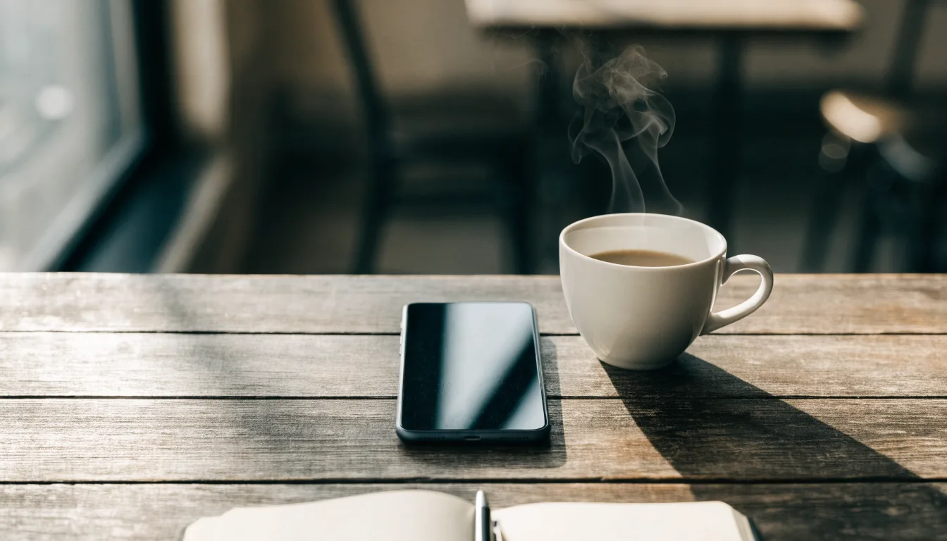Ein Smartphone liegt mit schwarzem Display neben einer Kaffeetasse und einem Notizblock auf einem Café-Tisch.