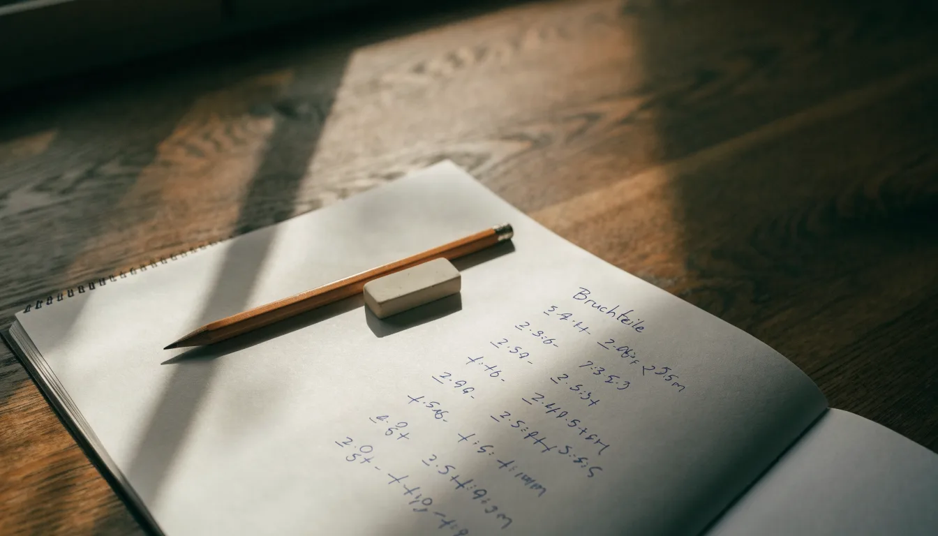 Ein Notizbuch mit handschriftlichen Multiplikationen liegt aufgeschlagen auf einem Holztisch, daneben ein Bleistift und ein Radiergummi.