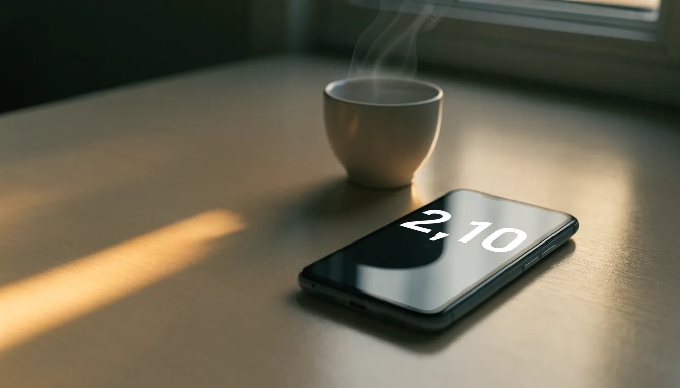 Ein Smartphone mit dunklem Display liegt neben einer Kaffeetasse auf einem Schreibtisch, durch das Fenster fällt Abendlicht.