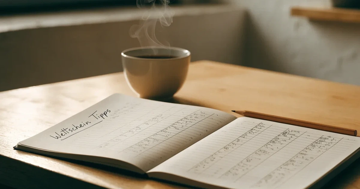 Ein aufgeschlagenes Notizbuch mit handgezeichneten Spalten und Strichen liegt neben einem Bleistift und einer Kaffeetasse auf einem Tisch am Morgen.
