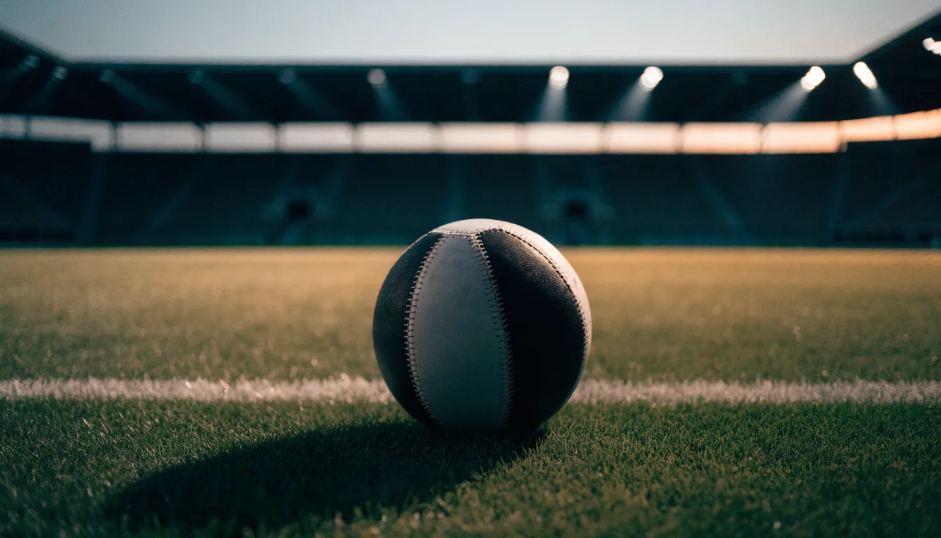 Ein Fußball liegt auf einem Rasenplatz in der Dämmerung, im Hintergrund ein ferner Stadionrand unter Flutlicht.