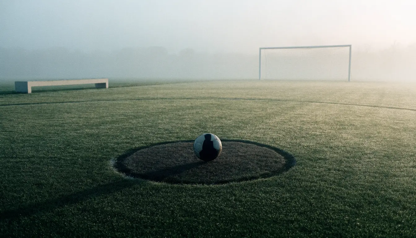 Ein Fußball liegt in der Mitte eines leeren Rasenplatzes im Morgennebel, am Rand steht eine einzelne Auswechselbank.