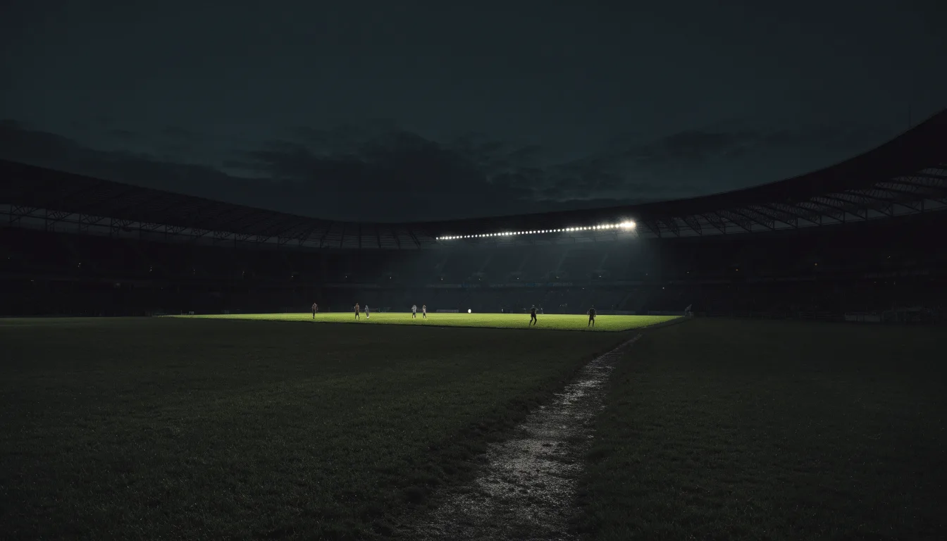 Ein Stadion unter Flutlicht von weitem gesehen, davor ein Feld und ein Feldweg im Dunkeln.